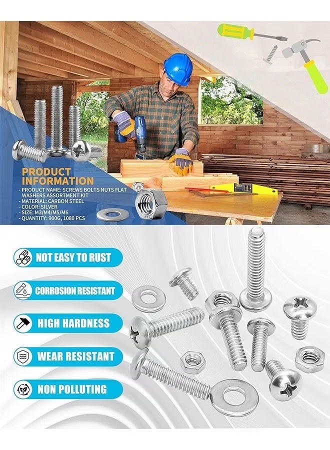 Baolian 1080 Pcs Screws Bolts and Nuts Assortment Kit, Metric Machine Screws and Nuts and Bolts and Flat Washers, M3/M4/M5/M6 Phillips Slotted Pan Head Hex Bolts and Nuts Sets - Image 2