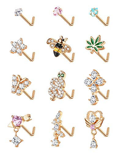 Drperfect 12Pcs 20G Nose Rings Studs L Shaped Dangle Nose Rings for Women Stainless Steel CZ Heart Snake Flower Butterfly Assorted Nose Nostrial Piercing Jewelry - Image 1