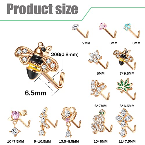 Drperfect 12Pcs 20G Nose Rings Studs L Shaped Dangle Nose Rings for Women Stainless Steel CZ Heart Snake Flower Butterfly Assorted Nose Nostrial Piercing Jewelry - Image 2