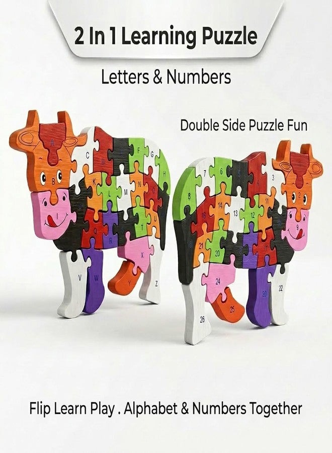 GITGRNTH 2 in 1 Multicolor Wooden Cow Shaped Alphabets A to Z & Numbers 1 to 26 Learning to Both Sides Puzzle 3D Jigsaw Block Puzzles for Preschool Kids 1+ Yrs -Wooden Toy for Toddlers Boys Girls - Image 2
