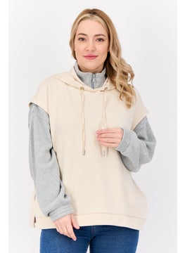 Women Solid Sleeveless Hoodie, Beige