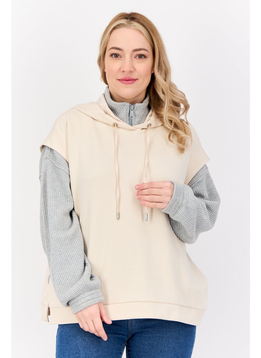 ESPRIT - Women Solid Sleeveless Hoodie, Beige - Image 1