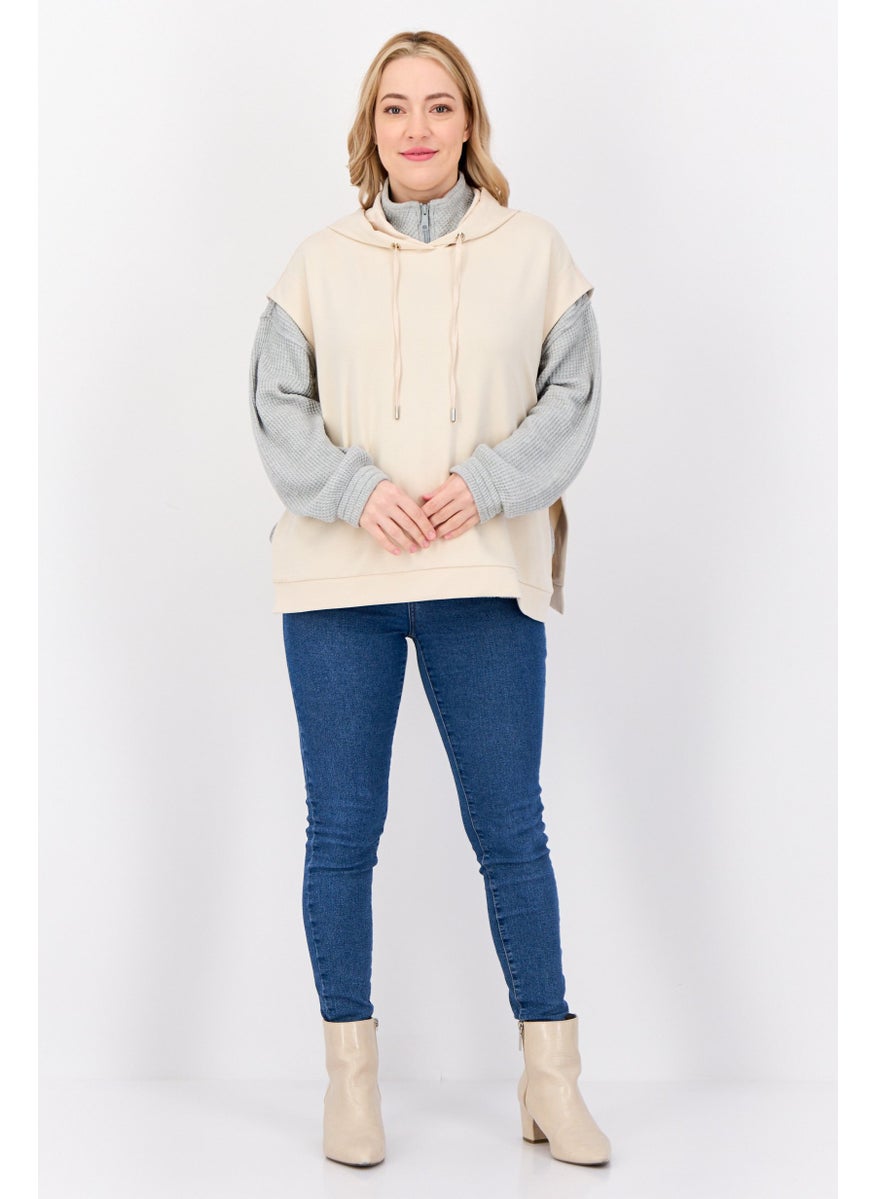 ESPRIT - Women Solid Sleeveless Hoodie, Beige - Image 1