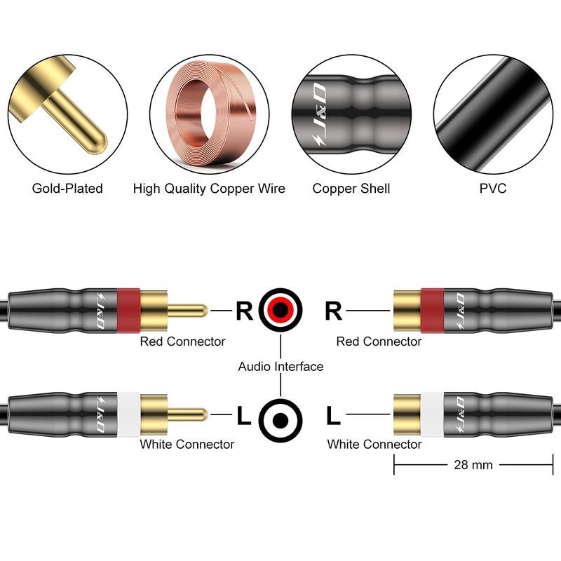 J&D 2 RCA Extension Cable Male to Female, Copper Shell Gold-Plated 2RCA Male to 2RCA Female Cable Stereo Audio Extender Cord Adapter, 3 Feet - Image 2