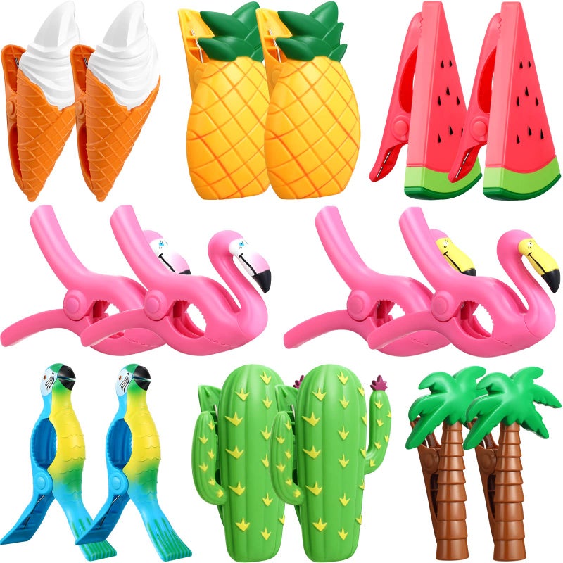 Rozer 16 Pcs Beach Towel Clips Portable Chair Holders Jumbo Size Plastic Clothes Pins Parrot Watermelon Flamingo Ice Cream Pineapple Cactus Coconut Trees for Lounge Cruise Clothes Lines Patio Holiday