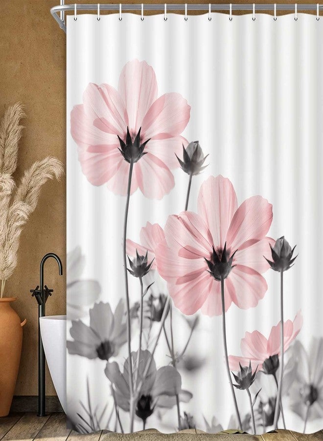MERCHR Unique Floral Pink Shower Curtain for Bathroom Decor, Pink and Grey Daisy Flower Elegant Wildflower Design Farmhouse Shower Curtains with Hooks Set, 71 X 71 Inches - Image 3