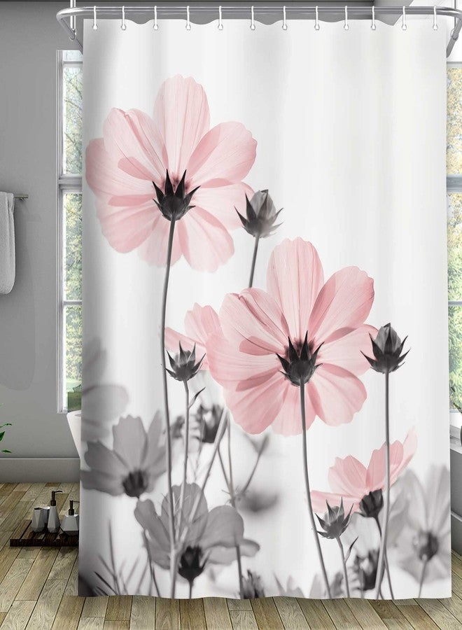 MERCHR Unique Floral Pink Shower Curtain for Bathroom Decor, Pink and Grey Daisy Flower Elegant Wildflower Design Farmhouse Shower Curtains with Hooks Set, 71 X 71 Inches - Image 2