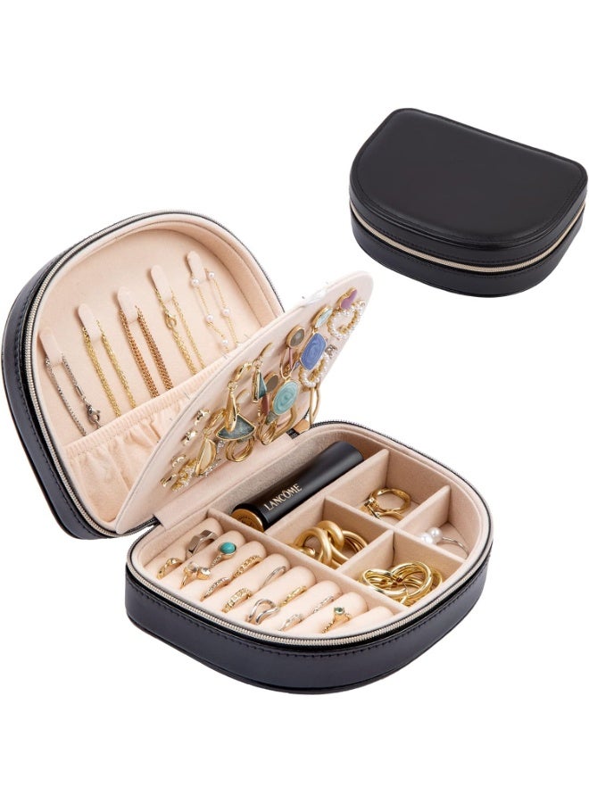 موثوقية التنبؤ صندوق مجوهرات بحجم مناسب للسفر، حافظة مجوهرات صغيرة محمولة على شكل صدفة بحرية، منظم مجوهرات صغير من طبقتين مصنوع من جلد البولي يوريثان للنساء (أسود) - Image 1