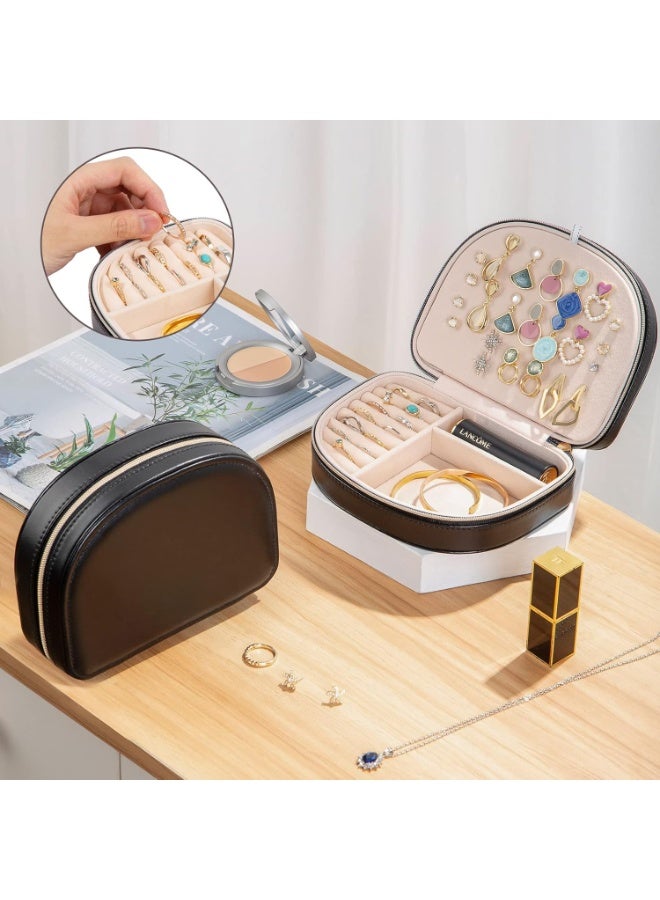 موثوقية التنبؤ صندوق مجوهرات بحجم مناسب للسفر، حافظة مجوهرات صغيرة محمولة على شكل صدفة بحرية، منظم مجوهرات صغير من طبقتين مصنوع من جلد البولي يوريثان للنساء (أسود) - Image 3