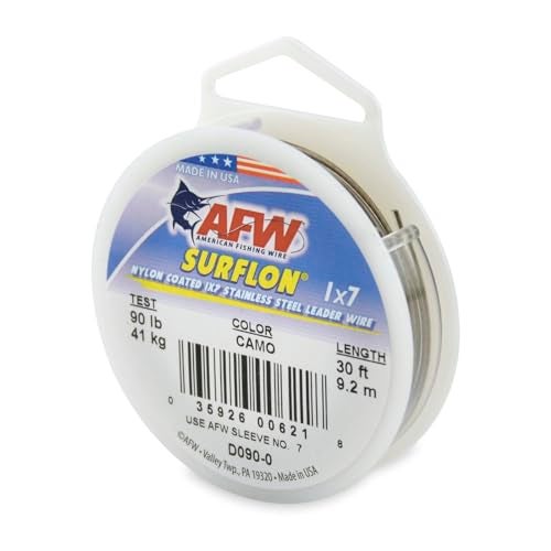 AFW American Fishing Wire Surflon, Nylon Coated 1x7 Stainless Steel Leader Wire, 90 lb Test, .036" Diameter, Camo, 30 ft - Image 1