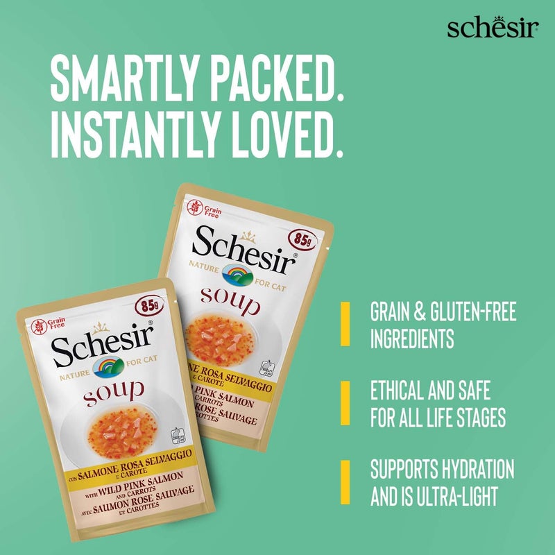 Schesir Pink Salmon & Carrot Cat Soup (85g) + Premio Chicken Mini Sticks (50g) Nourishing Meal & Reward Combo Real Salmon & Chicken Rich in Protein Gentle & Tasty for Adult Cats - Image 4