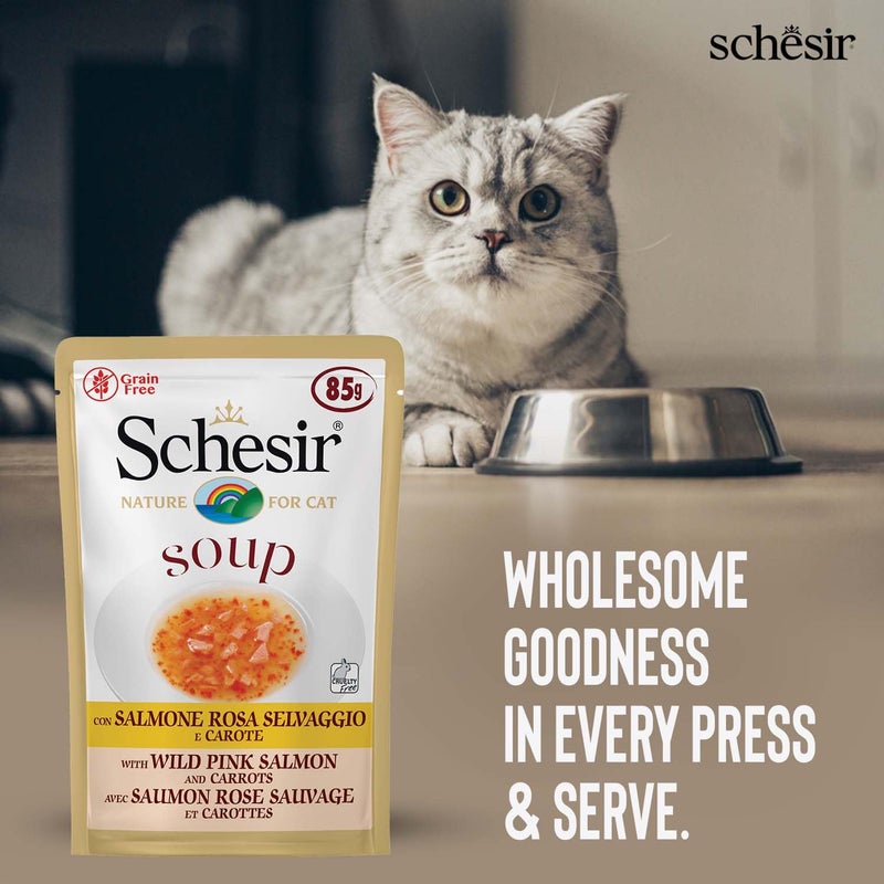 Schesir Pink Salmon & Carrot Cat Soup (85g) + Premio Chicken Mini Sticks (50g) Nourishing Meal & Reward Combo Real Salmon & Chicken Rich in Protein Gentle & Tasty for Adult Cats - Image 2