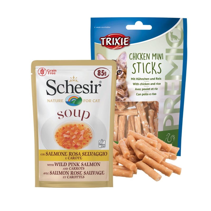Schesir Pink Salmon & Carrot Cat Soup (85g) + Premio Chicken Mini Sticks (50g) Nourishing Meal & Reward Combo Real Salmon & Chicken Rich in Protein Gentle & Tasty for Adult Cats - Image 1