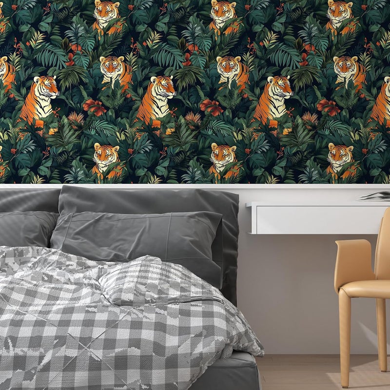 VOLEAAR Vintage Tiger Wallpaper Peel and Stick Tropical Jungle Leaf Contact Paper for Bathroom Bedroom Shelf Liner Green Orange Removable Self Adhesive 175 x 118 - Image 3