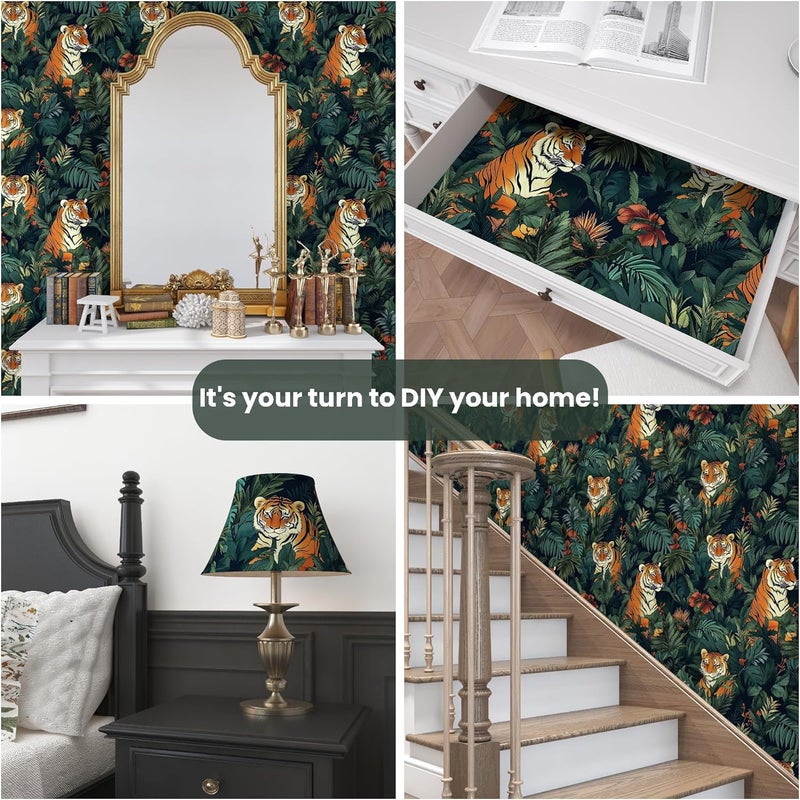 VOLEAAR Vintage Tiger Wallpaper Peel and Stick Tropical Jungle Leaf Contact Paper for Bathroom Bedroom Shelf Liner Green Orange Removable Self Adhesive 175 x 118 - Image 2