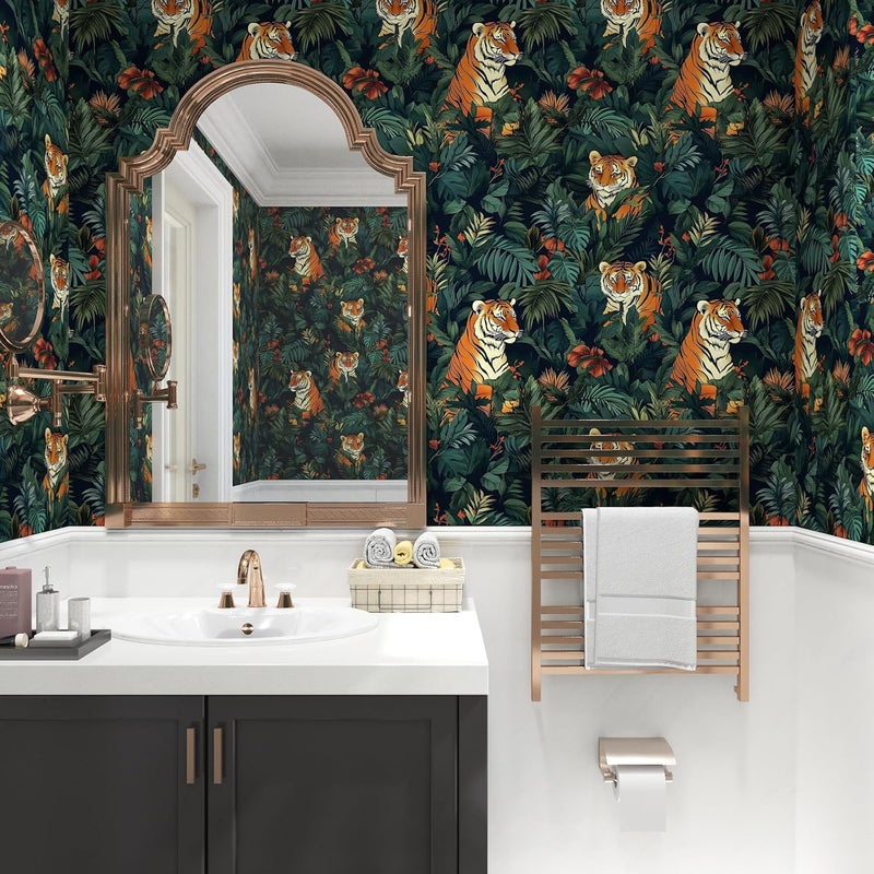 VOLEAAR Vintage Tiger Wallpaper Peel and Stick Tropical Jungle Leaf Contact Paper for Bathroom Bedroom Shelf Liner Green Orange Removable Self Adhesive 175 x 118 - Image 4