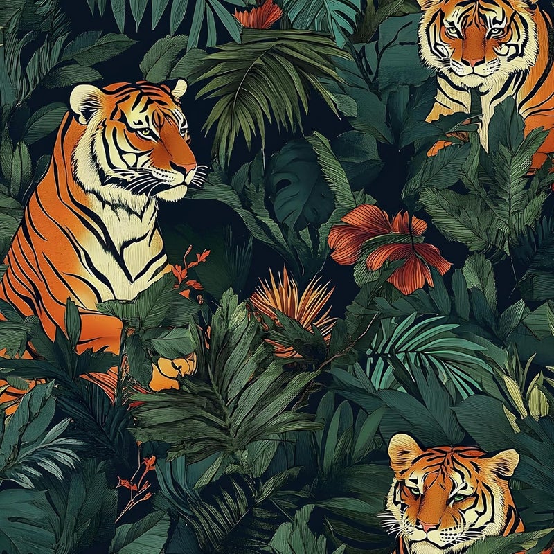 VOLEAAR Vintage Tiger Wallpaper Peel and Stick Tropical Jungle Leaf Contact Paper for Bathroom Bedroom Shelf Liner Green Orange Removable Self Adhesive 175 x 118 - Image 1