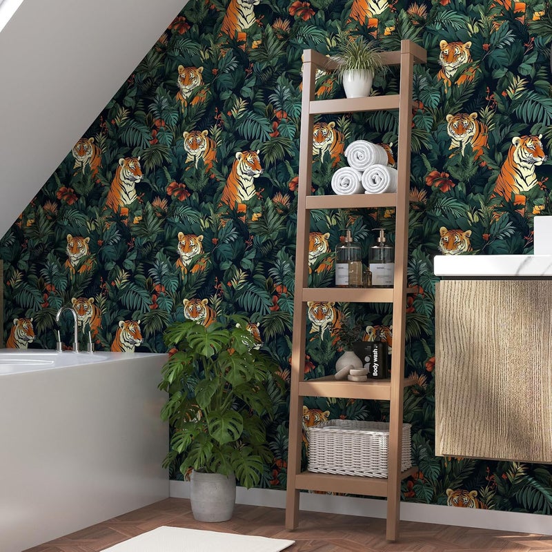VOLEAAR Vintage Tiger Wallpaper Peel and Stick Tropical Jungle Leaf Contact Paper for Bathroom Bedroom Shelf Liner Green Orange Removable Self Adhesive 175 x 118 - Image 5