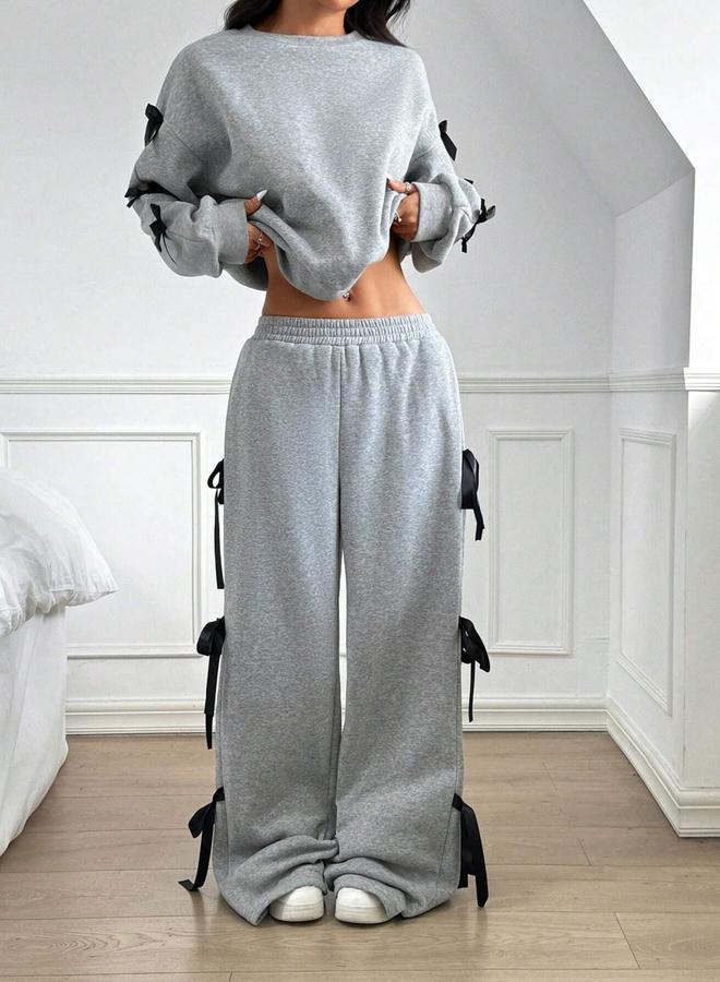 Take Two Side Striped Bow Detail Sweatshirt and Wide Pants Co-Ords - Image 4