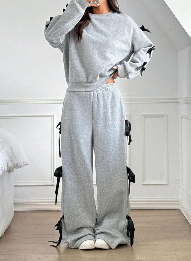 Take Two Side Striped Bow Detail Sweatshirt and Wide Pants Co-Ords - Image 1