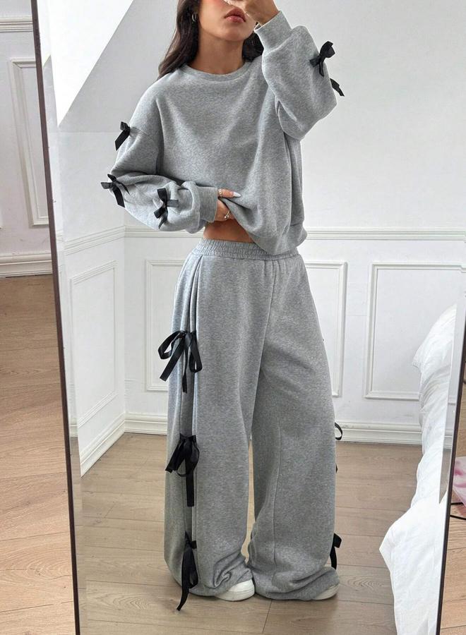 Take Two Side Striped Bow Detail Sweatshirt and Wide Pants Co-Ords - Image 5