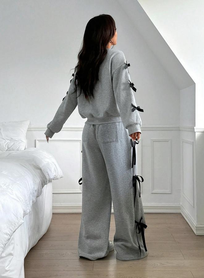 Take Two Side Striped Bow Detail Sweatshirt and Wide Pants Co-Ords - Image 2