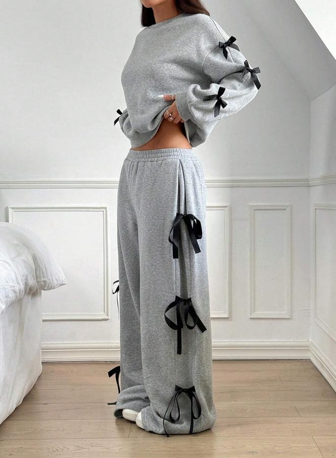 Take Two Side Striped Bow Detail Sweatshirt and Wide Pants Co-Ords - Image 3