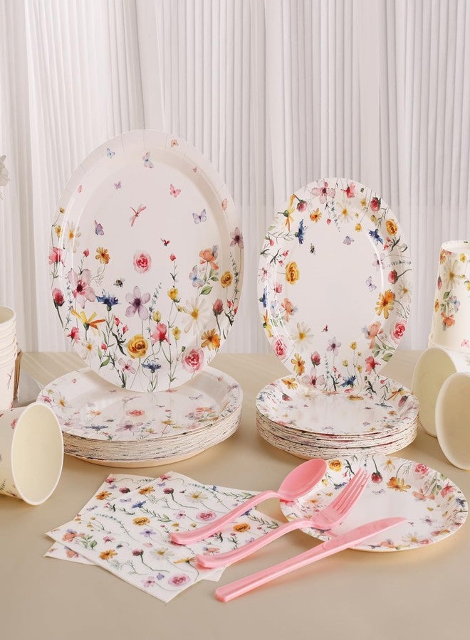 LOOWVY Wildflower Party Supplies Decorations 175PCS Floral Paper Plates and Napkins, Tea Party Plates and Cups Disposable Dinnerware Sets for Spring Butterfly Birthday Decorations, Serves 25 - Image 4