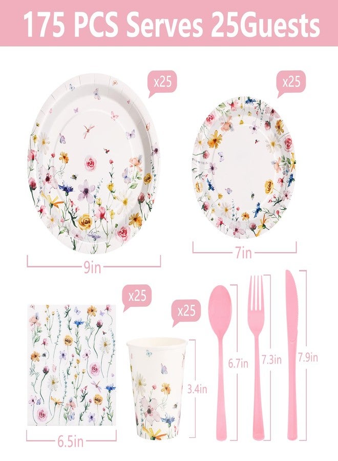 LOOWVY Wildflower Party Supplies Decorations 175PCS Floral Paper Plates and Napkins, Tea Party Plates and Cups Disposable Dinnerware Sets for Spring Butterfly Birthday Decorations, Serves 25 - Image 2
