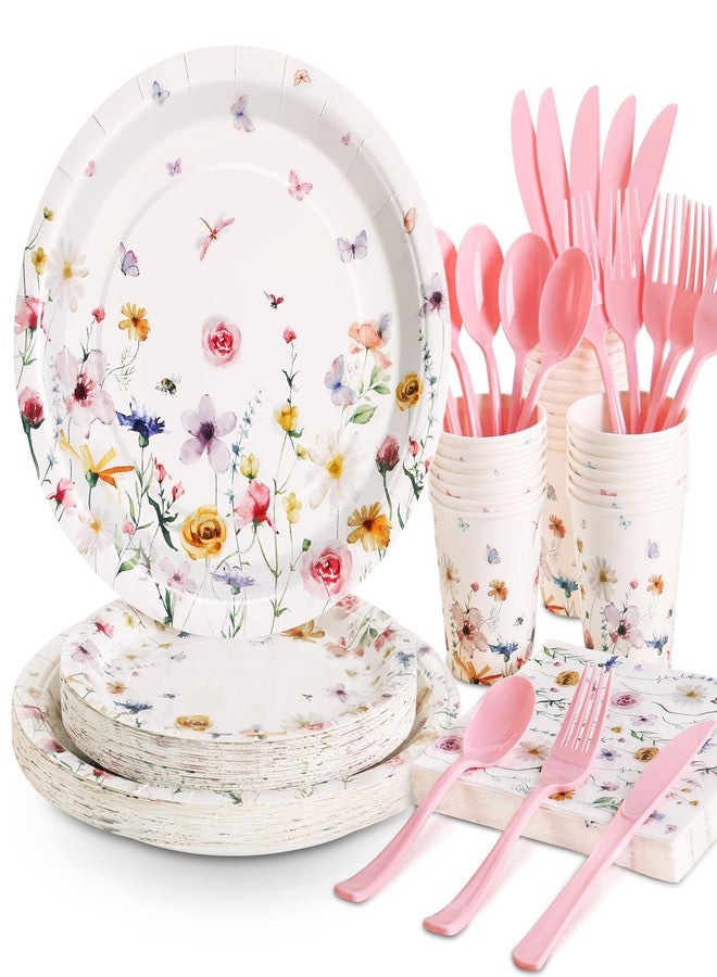 LOOWVY Wildflower Party Supplies Decorations 175PCS Floral Paper Plates and Napkins, Tea Party Plates and Cups Disposable Dinnerware Sets for Spring Butterfly Birthday Decorations, Serves 25 - Image 1
