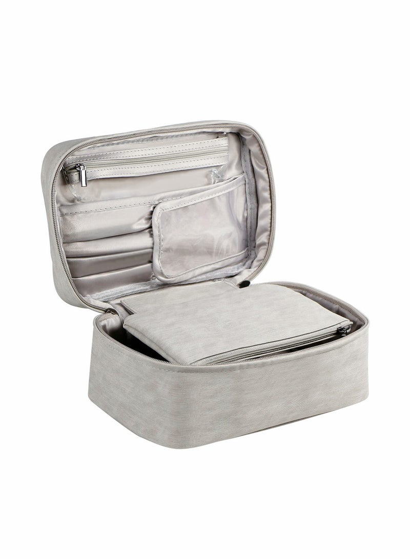 KASTWAVE Travel Makeup Bag Cosmetic Case Organizer with Brush Holder Pouch and Portable Storage Bag for Purse, Large Toiletry Make Up Bag for Women and Girls (Grey) - Image 1