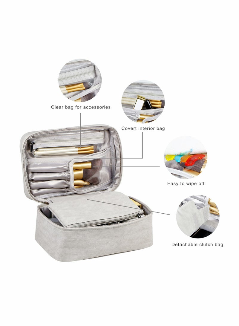 KASTWAVE Travel Makeup Bag Cosmetic Case Organizer with Brush Holder Pouch and Portable Storage Bag for Purse, Large Toiletry Make Up Bag for Women and Girls (Grey) - Image 4