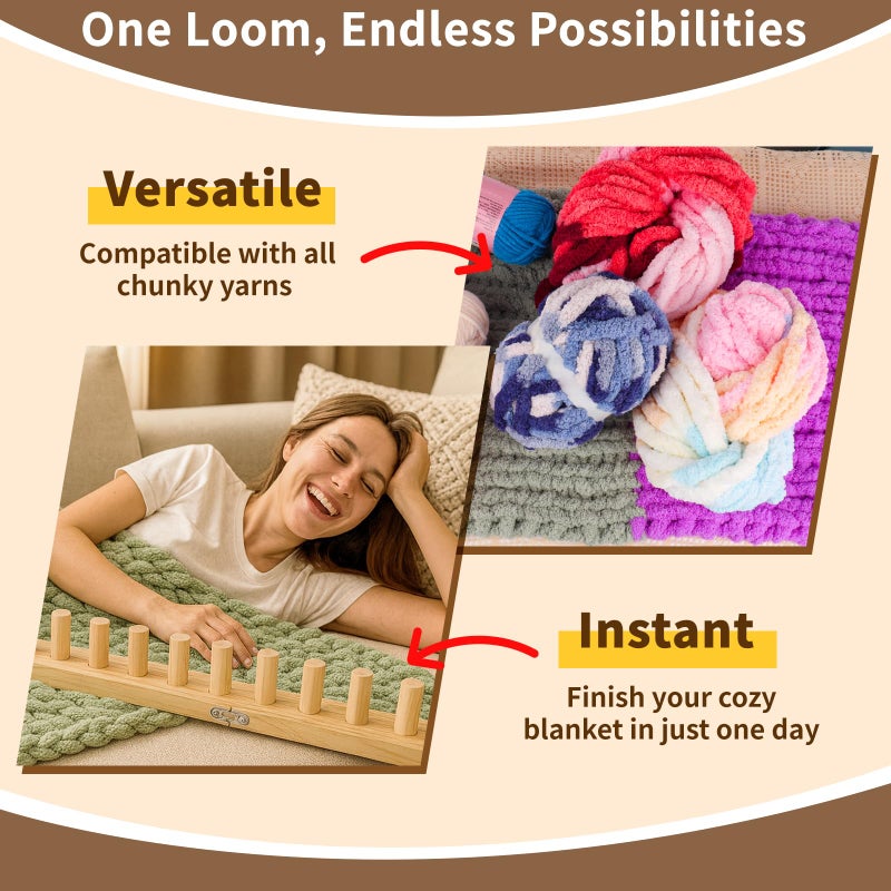Reessy Wooden Loom for Chunky Blanket â€“ 40â€ Chunky Knitting Blanket Loom & Afghan Loom Kit â€“ 3-in-1 Solid Wood Chunky Yarn Loom for DIY Blanket, Throws & Big Yarn Knitting Projects - Image 5