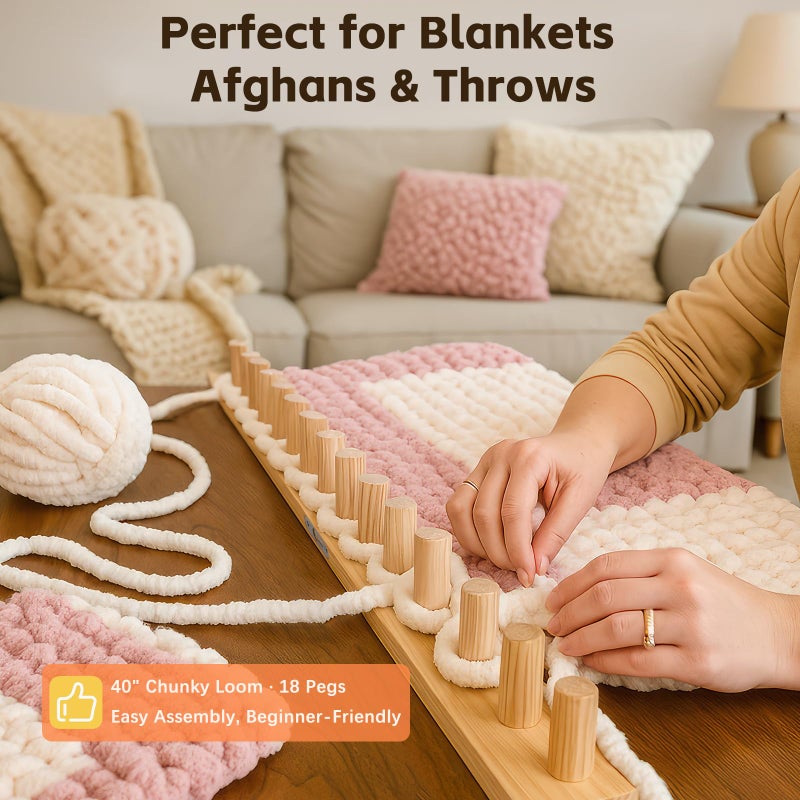 Reessy Wooden Loom for Chunky Blanket â€“ 40â€ Chunky Knitting Blanket Loom & Afghan Loom Kit â€“ 3-in-1 Solid Wood Chunky Yarn Loom for DIY Blanket, Throws & Big Yarn Knitting Projects - Image 2