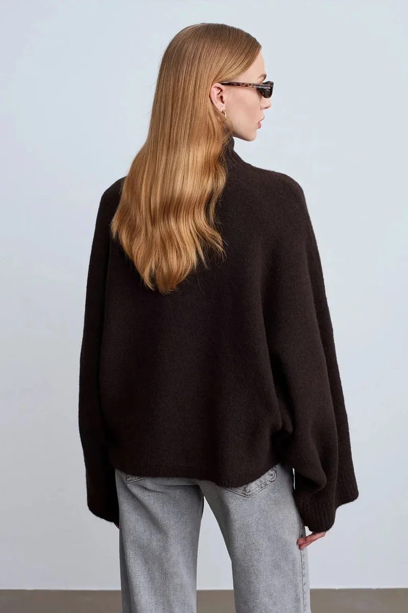 Dilvin Coffee Brown DILVIN Oversized Ribbed Turtleneck Sweater for Women | Best Price UAE