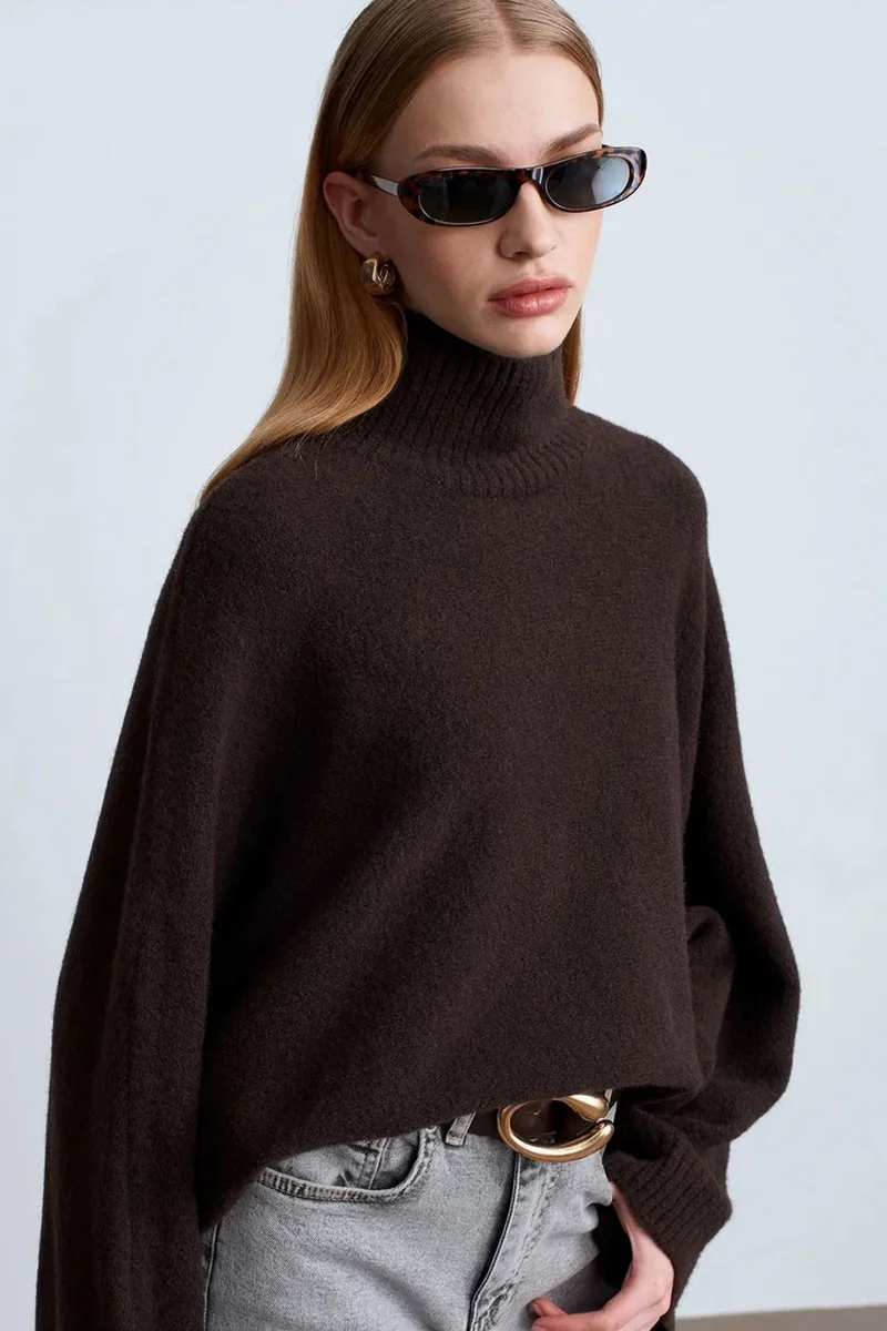 Dilvin Coffee Brown DILVIN Oversized Ribbed Turtleneck Sweater for Women | Best Price UAE