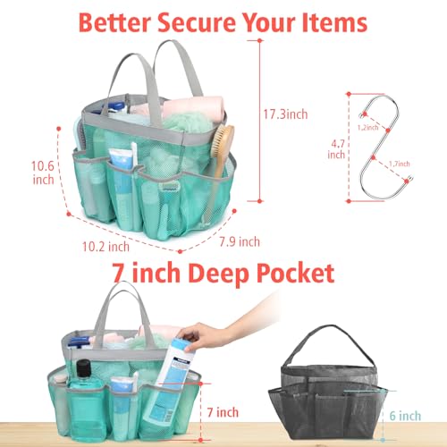 F-color Mesh Shower Caddy Portable, Upgrade Deeper 7 Pockets Shower Bag Basket Bag for College Dorm Room Toiletry Bathroom Essentials Gym Camp Quick Dry 2 handles with S Hook, Mint Green - Image 5