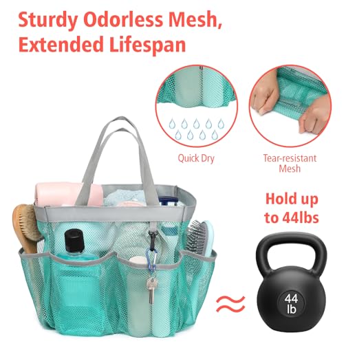F-color Mesh Shower Caddy Portable, Upgrade Deeper 7 Pockets Shower Bag Basket Bag for College Dorm Room Toiletry Bathroom Essentials Gym Camp Quick Dry 2 handles with S Hook, Mint Green - Image 3