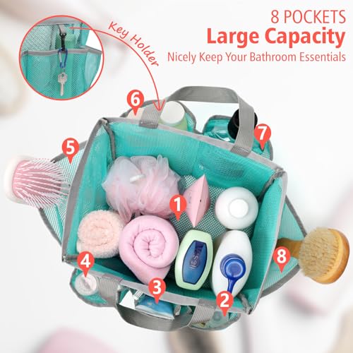 F-color Mesh Shower Caddy Portable, Upgrade Deeper 7 Pockets Shower Bag Basket Bag for College Dorm Room Toiletry Bathroom Essentials Gym Camp Quick Dry 2 handles with S Hook, Mint Green - Image 2