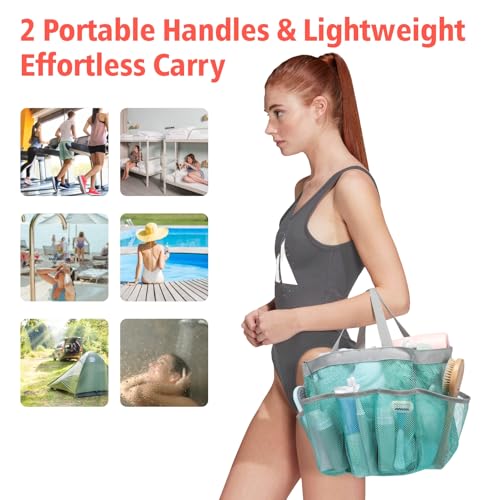 F-color Mesh Shower Caddy Portable, Upgrade Deeper 7 Pockets Shower Bag Basket Bag for College Dorm Room Toiletry Bathroom Essentials Gym Camp Quick Dry 2 handles with S Hook, Mint Green - Image 4