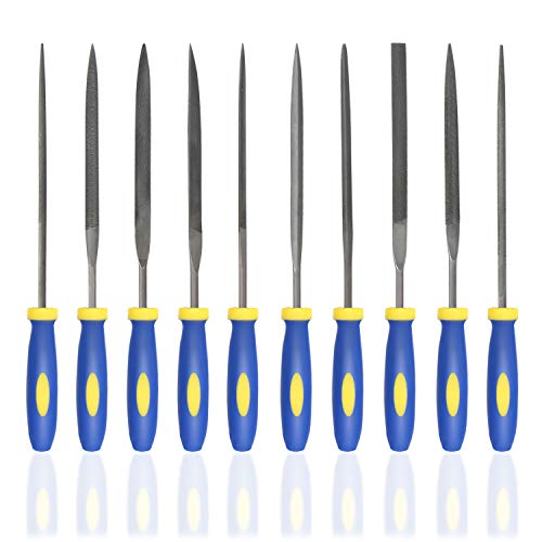 KALIM 10PCS Needle File Set High Carbon Steel File Set with Plastic Non-Slip Handle, Hand Metal Tools for Wood, Plastic, Model, Jewelry, Musical Instrument and DIY (6 Inch Total Length) - Image 1