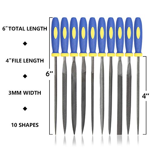 KALIM 10PCS Needle File Set High Carbon Steel File Set with Plastic Non-Slip Handle, Hand Metal Tools for Wood, Plastic, Model, Jewelry, Musical Instrument and DIY (6 Inch Total Length) - Image 2