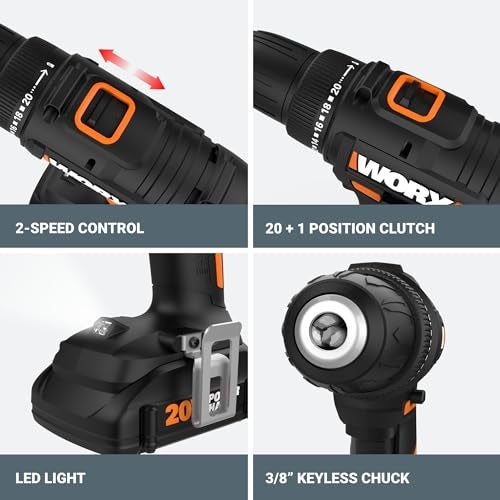 Worx 20V Cordless Drill Driver, 84pc Accessory Kit, Variable 2-Speed, 265 In-Lbs Torque, 20+1 Clutch, Lightweight, Compact, 3/8-Inch Keyless Chuck - Battery & Charger Included - Image 5