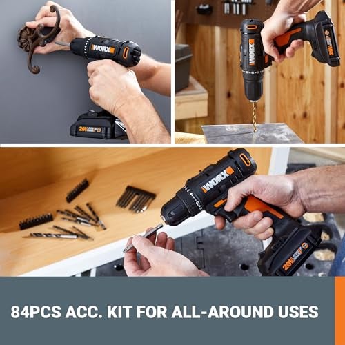 Worx 20V Cordless Drill Driver, 84pc Accessory Kit, Variable 2-Speed, 265 In-Lbs Torque, 20+1 Clutch, Lightweight, Compact, 3/8-Inch Keyless Chuck - Battery & Charger Included - Image 3