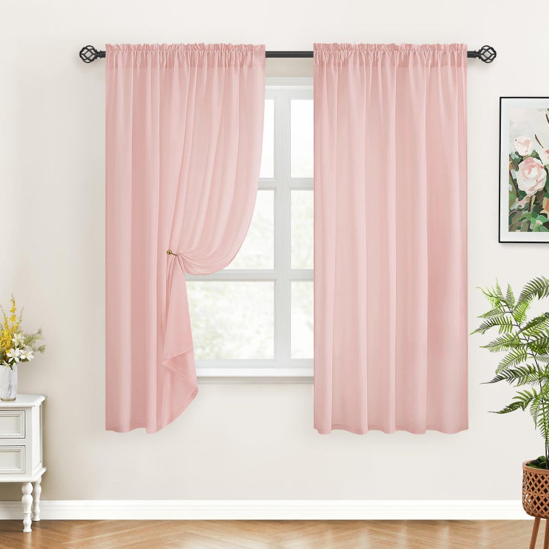 HOMEIDEAS HOMEIDEAS Non-See-Through Blush Pink Privacy Sheer Curtains 52 X 45 Inches Long 2 Panels Semi Sheer Curtains Light Filtering Window Curtains Drapes for Bedroom Living Room - Image 2
