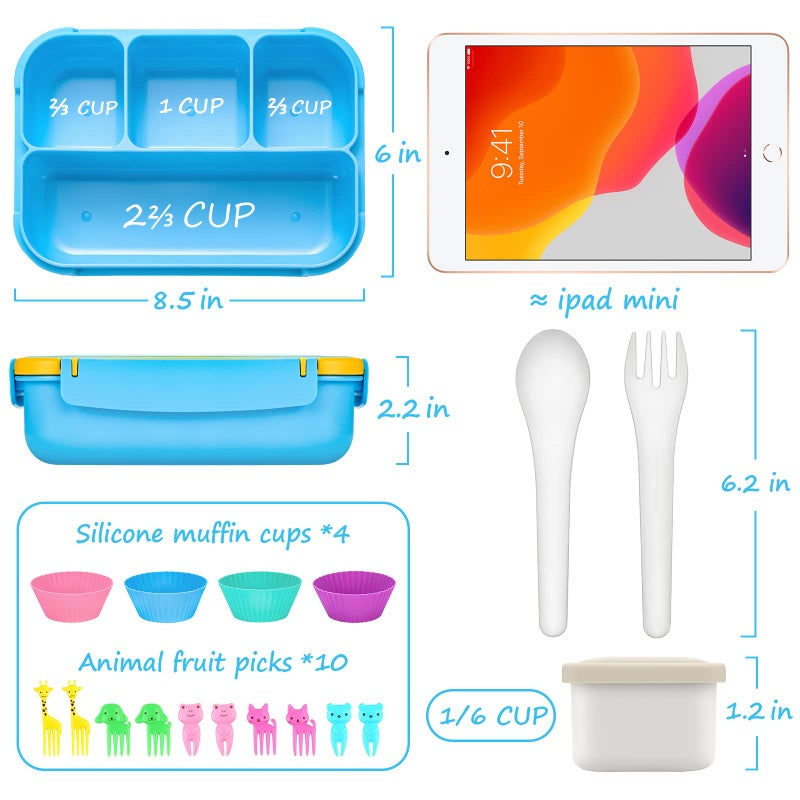 QQKO Bento Lunch Boxes with 4 Compartments, Sauce Container, Utensils, Food Picks and Muffin Cups for School or Adults, Blue - Image 2