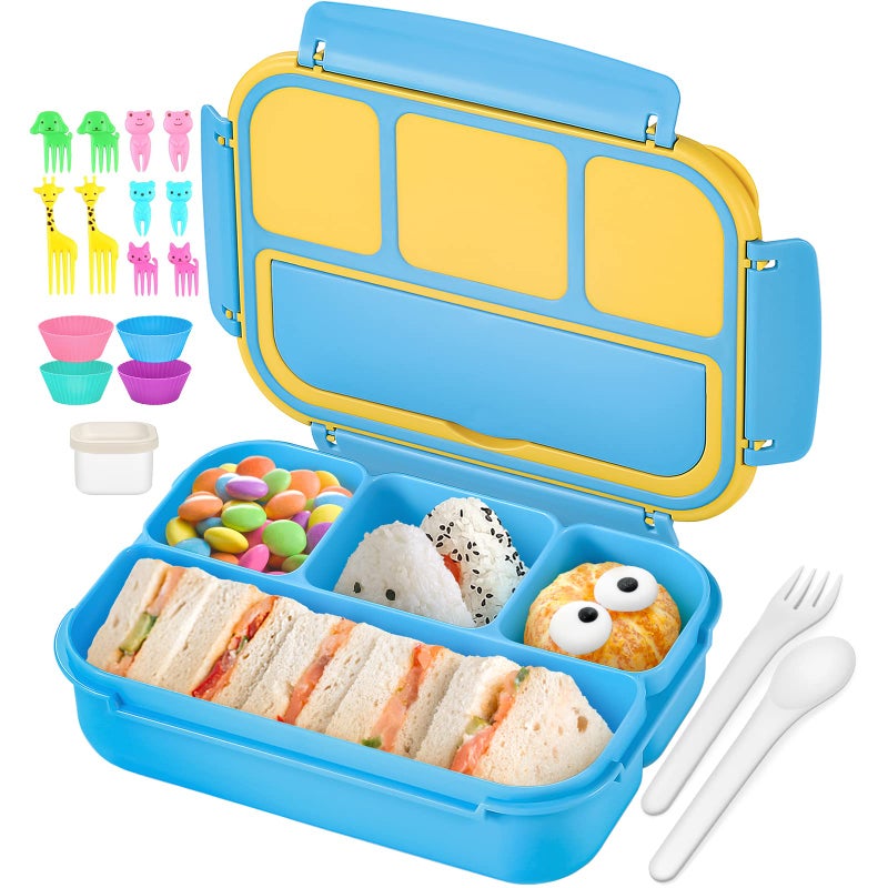 QQKO Bento Lunch Boxes with 4 Compartments, Sauce Container, Utensils, Food Picks and Muffin Cups for School or Adults, Blue - Image 1
