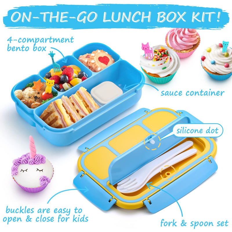 QQKO Bento Lunch Boxes with 4 Compartments, Sauce Container, Utensils, Food Picks and Muffin Cups for School or Adults, Blue - Image 3