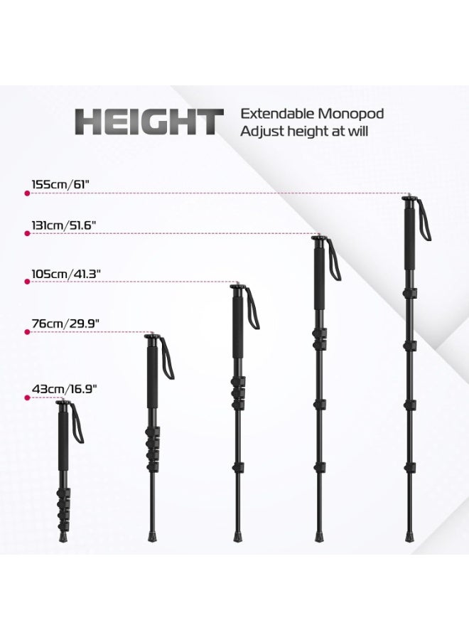 يولانزي حامل كاميرا أحادي يولانزي TB12 بطول 61 بوصة، مصنوع من الألومنيوم، مزود بخمسة أقسام لضبط الارتفاع، خفيف الوزن وسهل الحمل، مناسب لكاميرات كانون ونيكون وسوني بدون مرآة وكاميرات DSLR، سهل الحمل. - Image 2