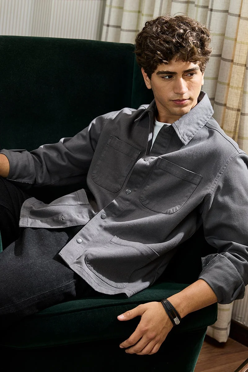 سنيتش Dark Grey Solid Long Sleeve Relaxed Overshirt